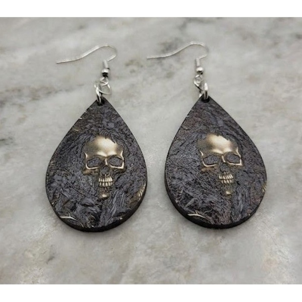 Handmade Earrings Skull Textured Glossy Dark Goth Teardrop Dangle